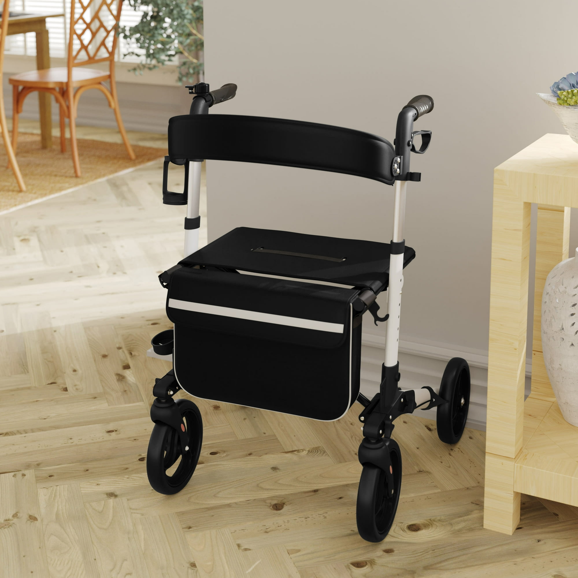 Emma + Oliver Rollator Walker with Lightweight, Height-Adjust, Foldable Frame, Three-Setting Hand Brake System, 360° Swivel - White/Black