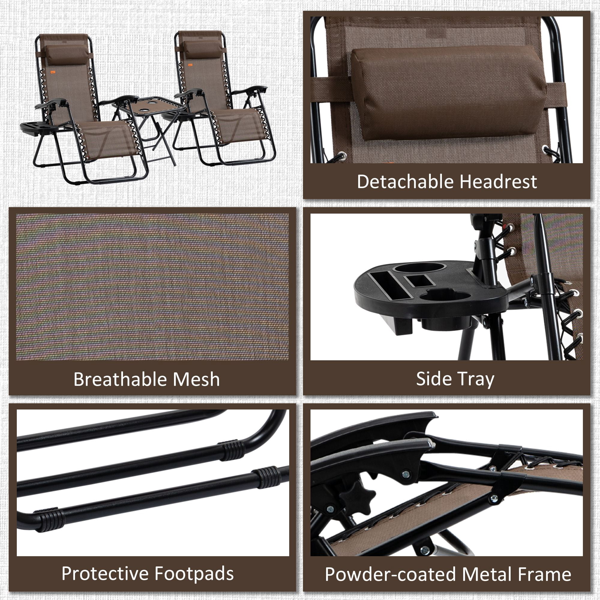 Zero Gravity Chair Set, 3 Piece Recliner with Side Table Cup Holder Headrest Brown Poolside Camping