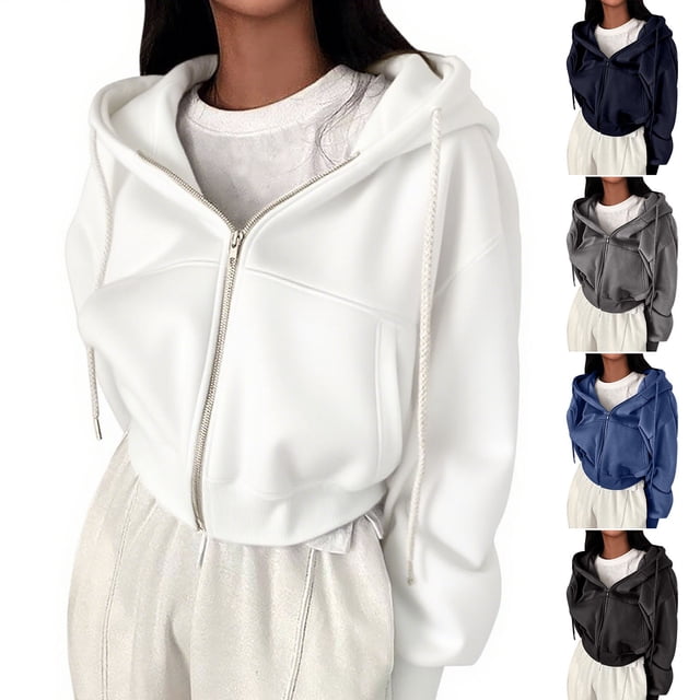 Top corto,Chaqueta informal con capucha para mujer, cierre frontal completo, manga larga con bolsillos, mezcla de poliéster, corte regular para uso diario, sopatenor