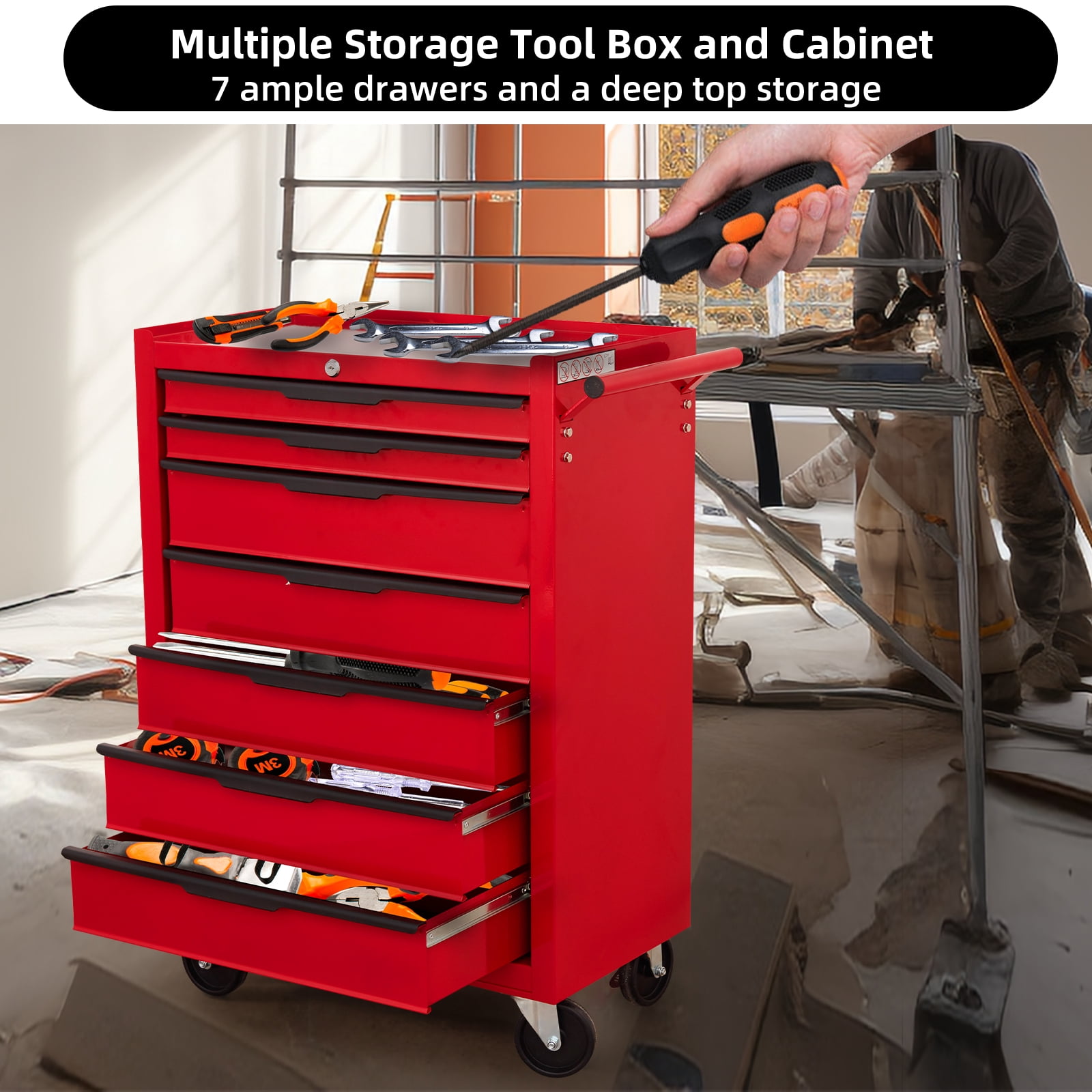 7 Drawer Rolling Tool Chest Cabinet, Large Capacity Metal Tool Box with Wheels and Cylinder Locking, Storage Organizer Tool Cart for Garage, Warehouse, Work Shop