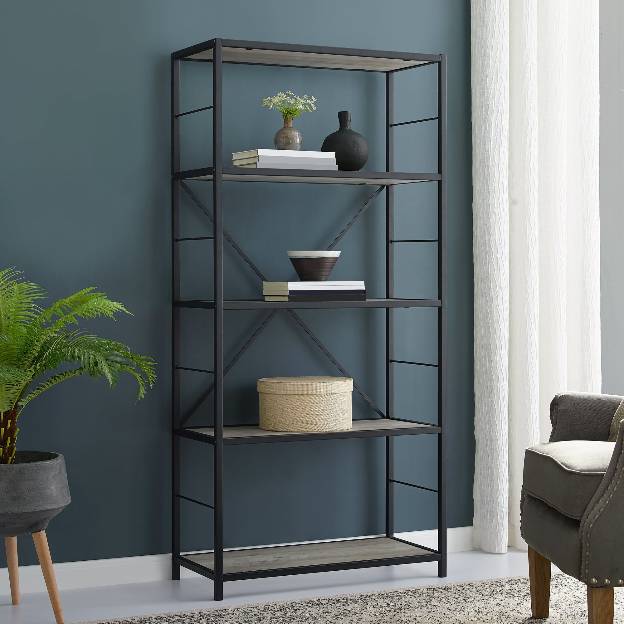 Manor Park 60" Rustic Metal and Wood Media Bookshelf Bookcase, Grey