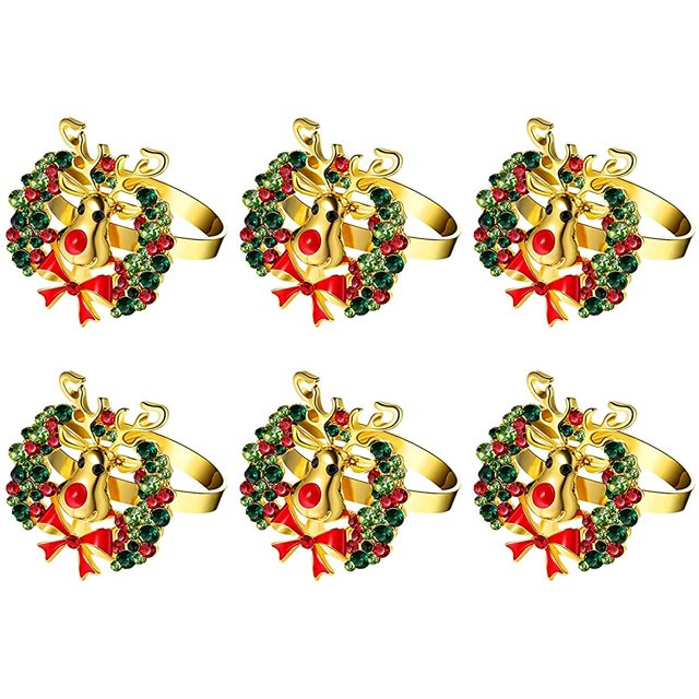 Christmas Reindeer Napkin Rings Set of 6, Diamond Wreath Napkin Rings, Christmas Elk Napkin Ring Holders for Christmas Thanksgiving Party Dinner Table Settings Decor (Christmas Elk)