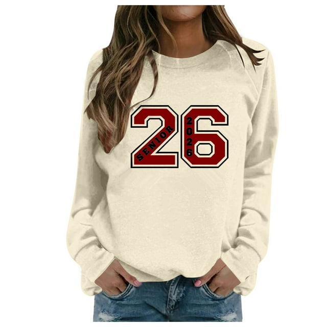 Womens Sweaters Basic Fall Pullover Sweatshirt with Letter Print Round Neck Layering Top Comfort Fit Chandail Femme Beige M