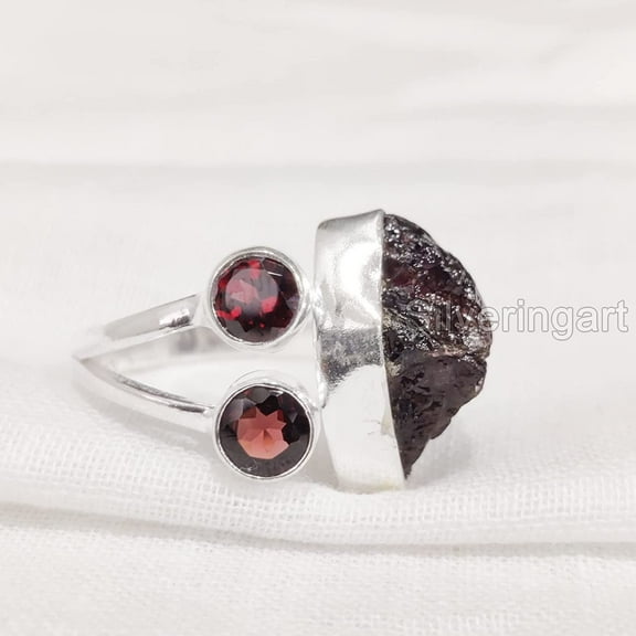 Natural Garnet Ring, Rough Garnet Adjustable Ring, January Birthstone, Three Stone, 925 Sterling Silver, Womens Ring, Christmas, Thanksgiving, Handmade, Statement Jewelry, Rough Gemstone Jewelry