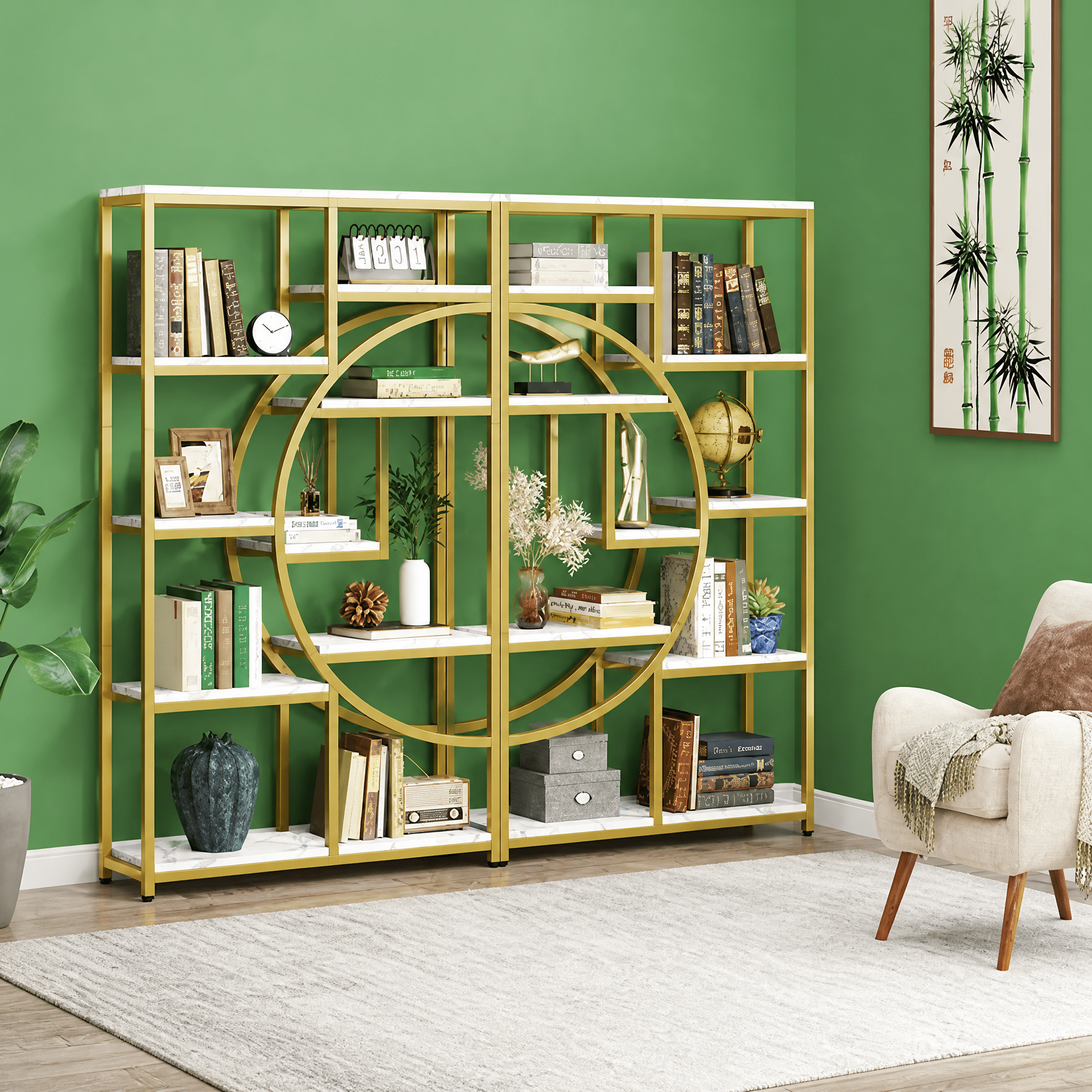 9-Tier Etagere Bookcase, Gold Metal Frame with White Marbling Boards, Half-Moon Silhouette, Industrial-Chic Design for Living Room/Home Office