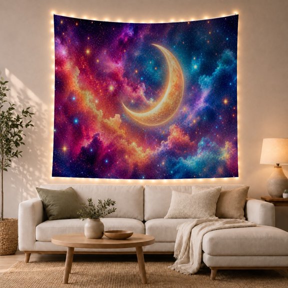 Golden Crescent Moon in Swirling Nebula Clouds, Dreamy Fantasy for Space Lovers, Celestial Wall Art, Housewarming Gift, Tapestry Wall Hanging for Bedroom and Dorm