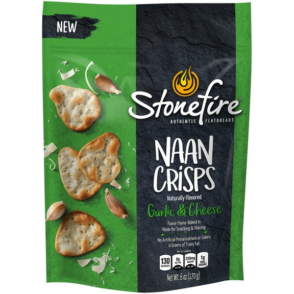 Stonefire Authentic Flatbreads Garlic & Cheese Naan Crisps, 6 Oz Pack Of 12
