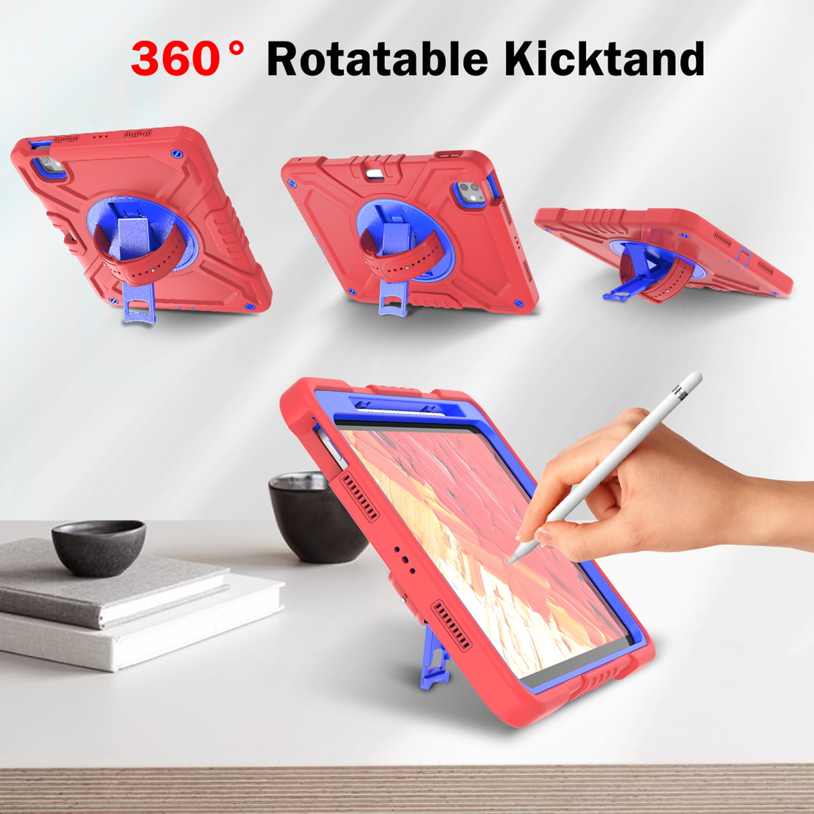Military Grade Case for Apple iPad Pro 11 2024,Shoulder Strap Shockproof iPad Case with Pencil Holder 360 Rotating Hand Strap+Kicstand Rugged Siicone and Hard PC Case,Redblue