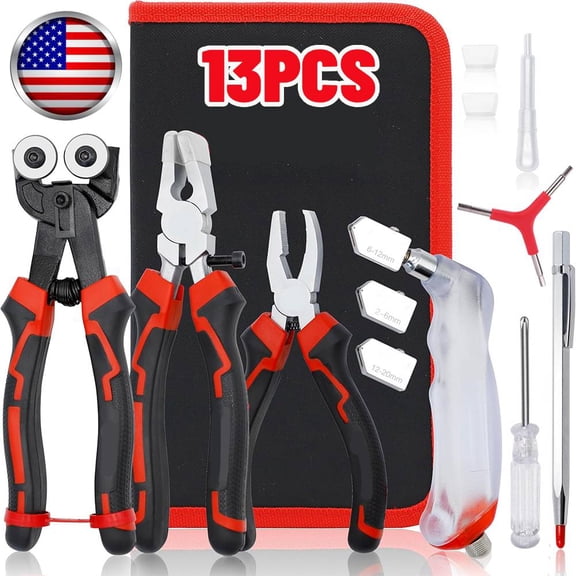 13Pcs /Kit Glass Cutting Tool, Glass Cutter 2-20 MM, 8" Glass Running Pliers with Curved Jaws, 8" Tile Nippers, 6" Breaker Grozer Pliers, Glass Cutter Kit for Stained Glass, Tiles, Mosaic Cutting