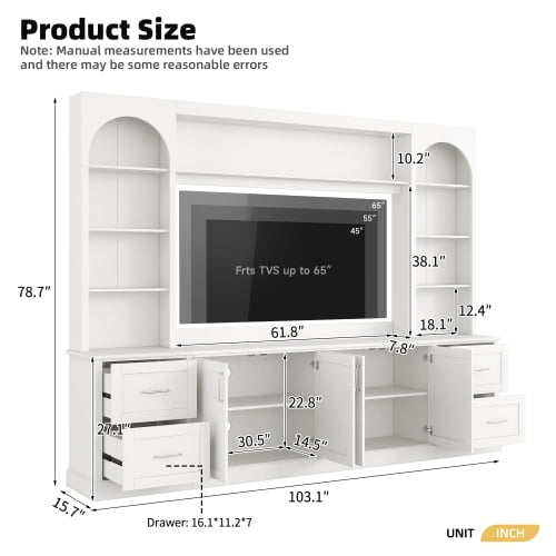 Modern Arched Farmhouse TV Stand for TVs up to 65 Inches, Entertainment Center with Drawers, Cable Holes and Adjustable Shelves, White
