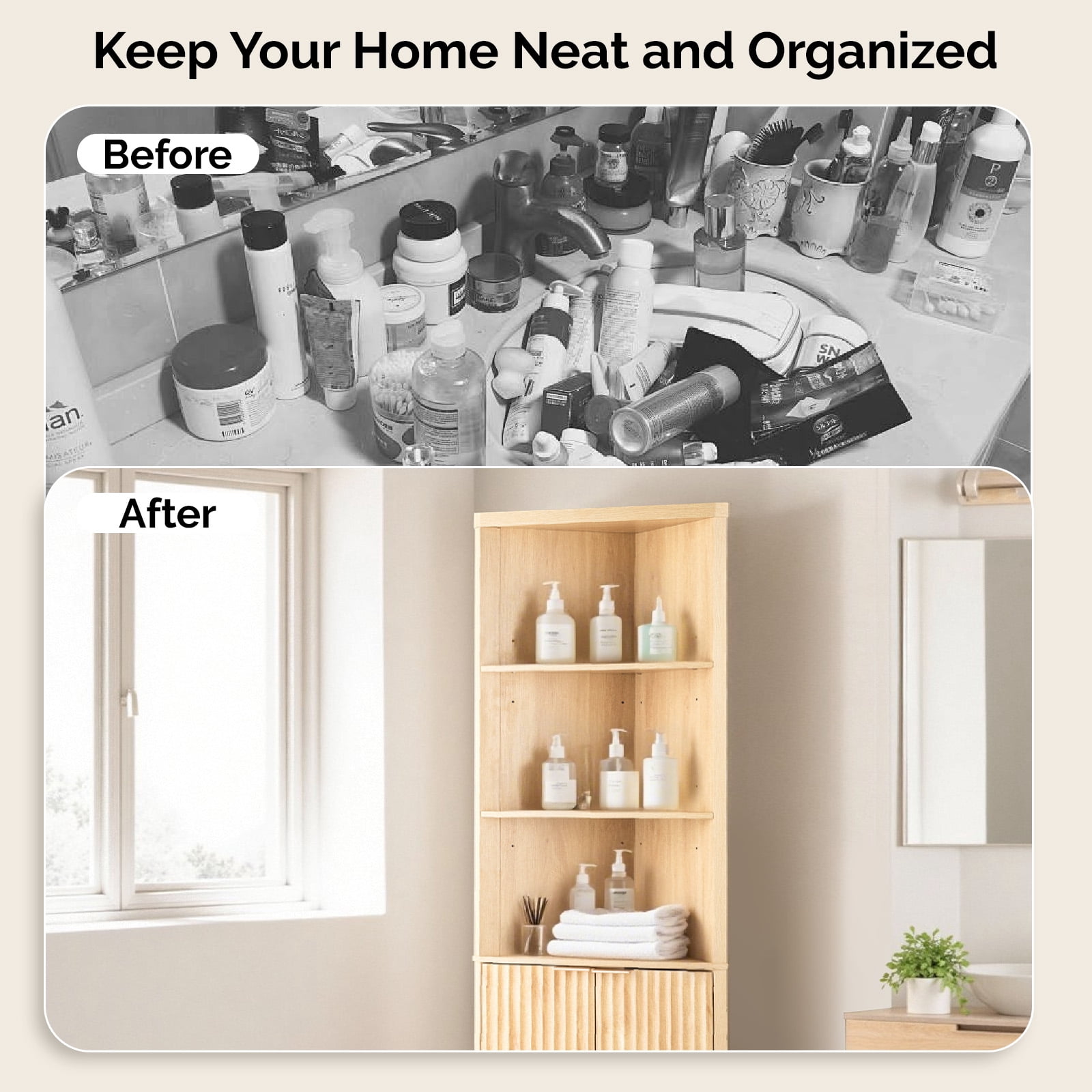 Ktaxon Corner Bathroom Cabinet with Fluted Double - doors, 5 - Tier Freestanding Storage, Oak