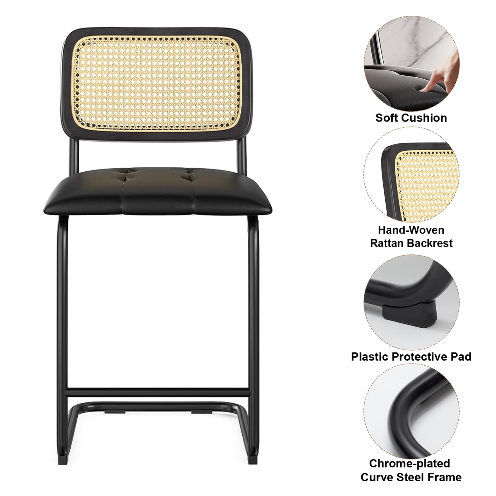 MAYEERTY 26" Black Counter Height Bar Stools Set of 2, PU Leather & Rattan Back, for Dining Areas