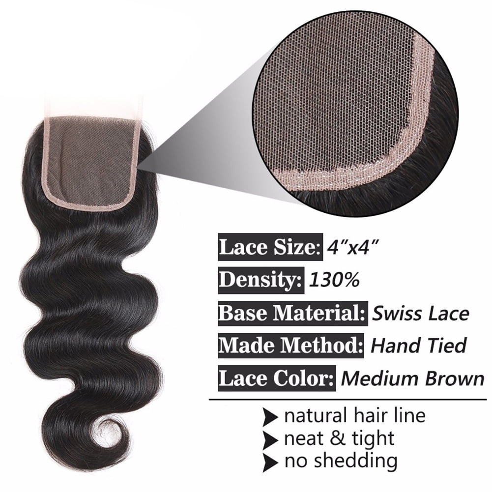 Vonar Hair Brazilian Body Wave 3 Bundles with Closure (14 16 18+12 Inch) Unprocessed Human Hair Bundles with Closure Brazilian Body Wave with Closure Free Part Natural Color