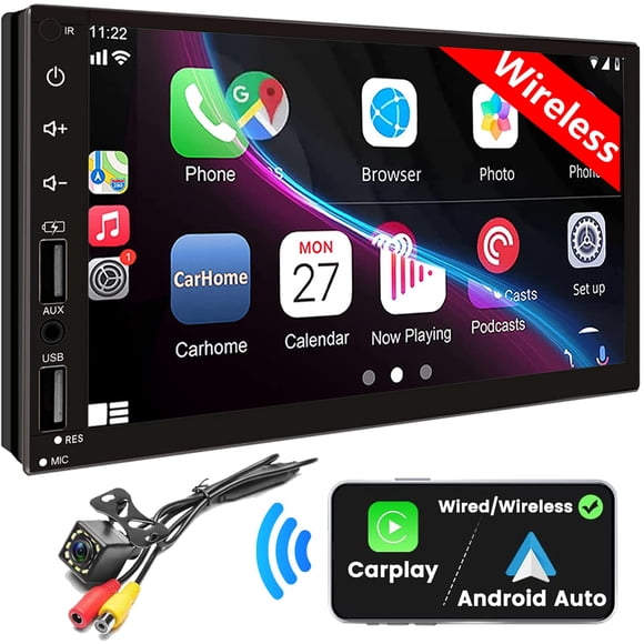 Double Din Car Stereo with Wireless Apple CarPlay & Android Auto, 7inch Touchscreen Car Audio Receiver, Wireless Car Radio with Bluetooth, Backup Cam