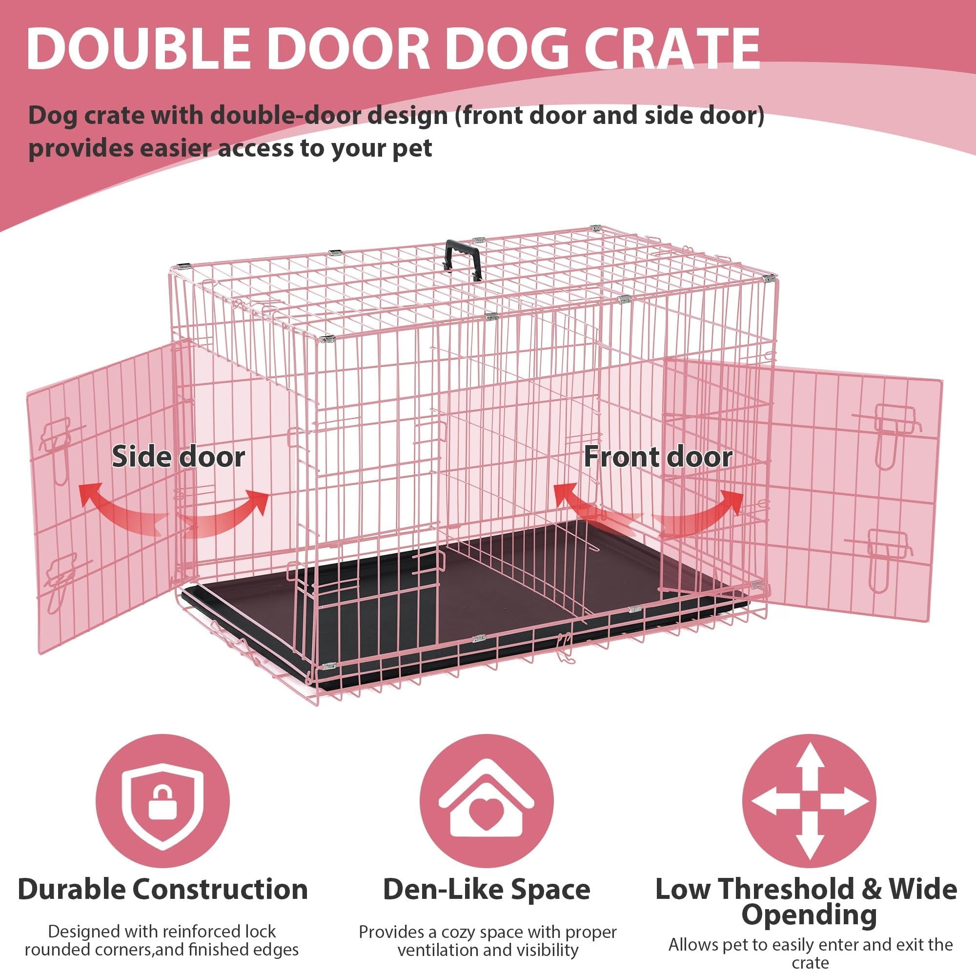 CL.HPAHKL 48 Inch Dog Crates for Large Dogs with Divider, Foldable Metal Wire Dog Crate with Double Door, Locks, Leak-Proof Pan Tray, Handle Metal Dog Kennel for Indoor, Outdoor, Travel, Pink