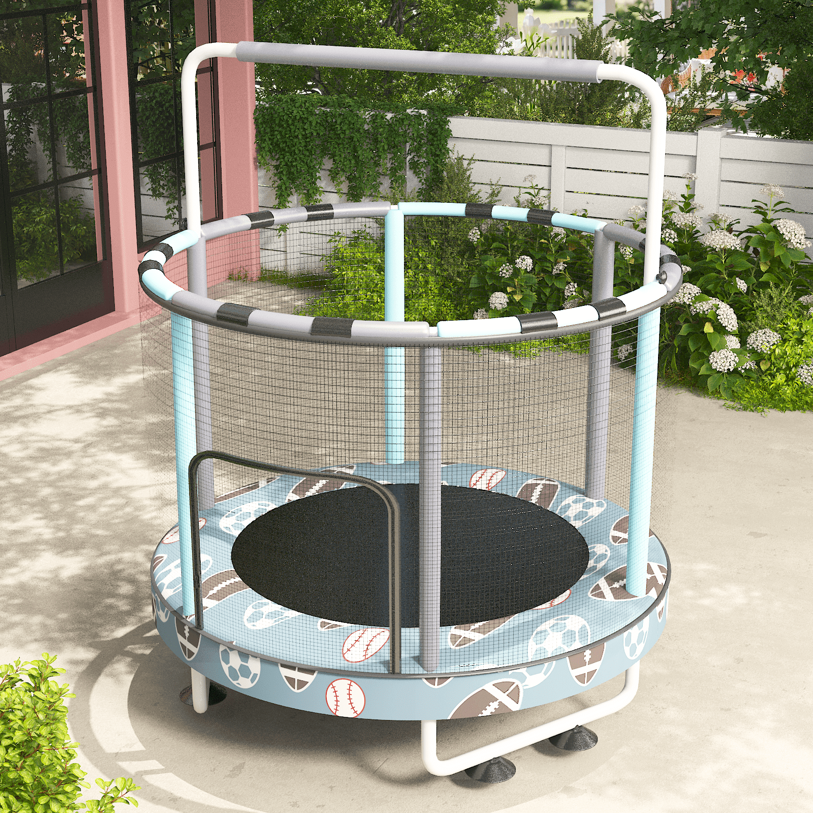 Mieres 55" 7-in-1 Upgraded Kids Trampoline with Swing & Basketball Hoop, Reinforced Safety Design with Adjustable Height & Net for Ages 3-8, 500lbs Capacity, In/Outdoor Play Center, Blue Football