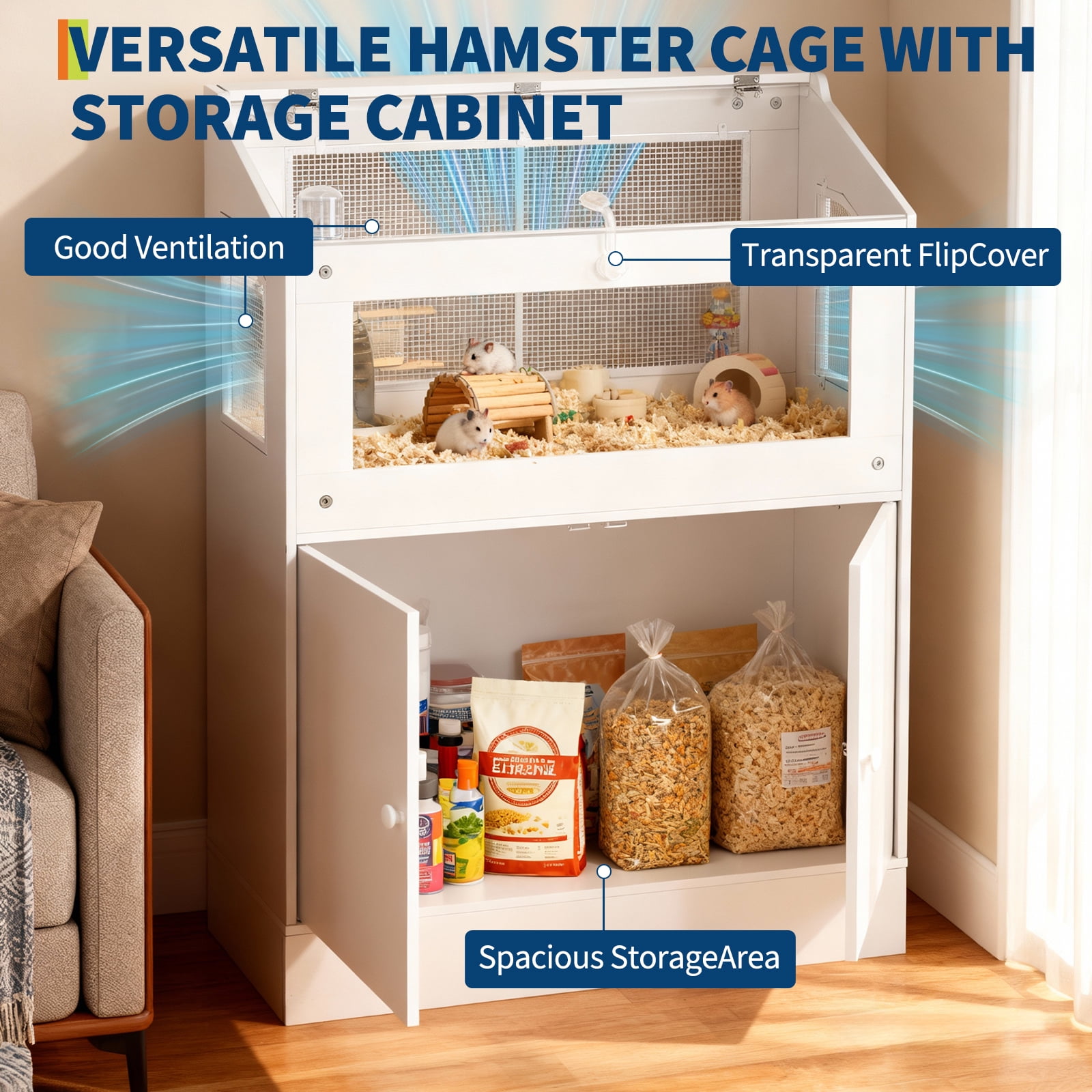 Hamster Cage with Storage Cabinet, Guinea Pig Cage for Small Animals,Large Hamster Cage with Easy View Acrylic Panels,for Rat, Guinea Pig, Hedgehog, Gerbil