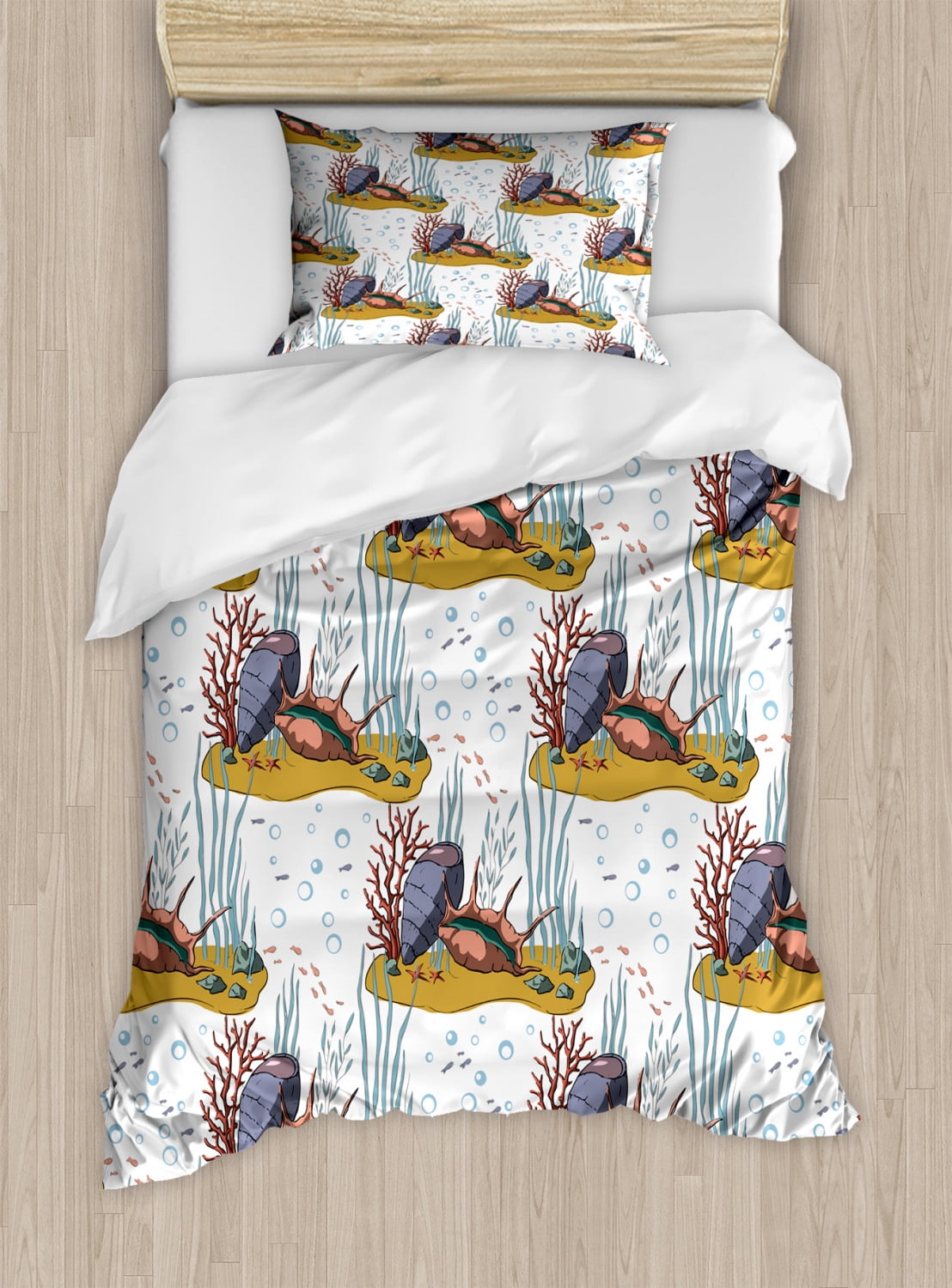 Underwater Duvet Cover Set Twin Size, Marine Composition of Coral Reef Sea Shells Corals and