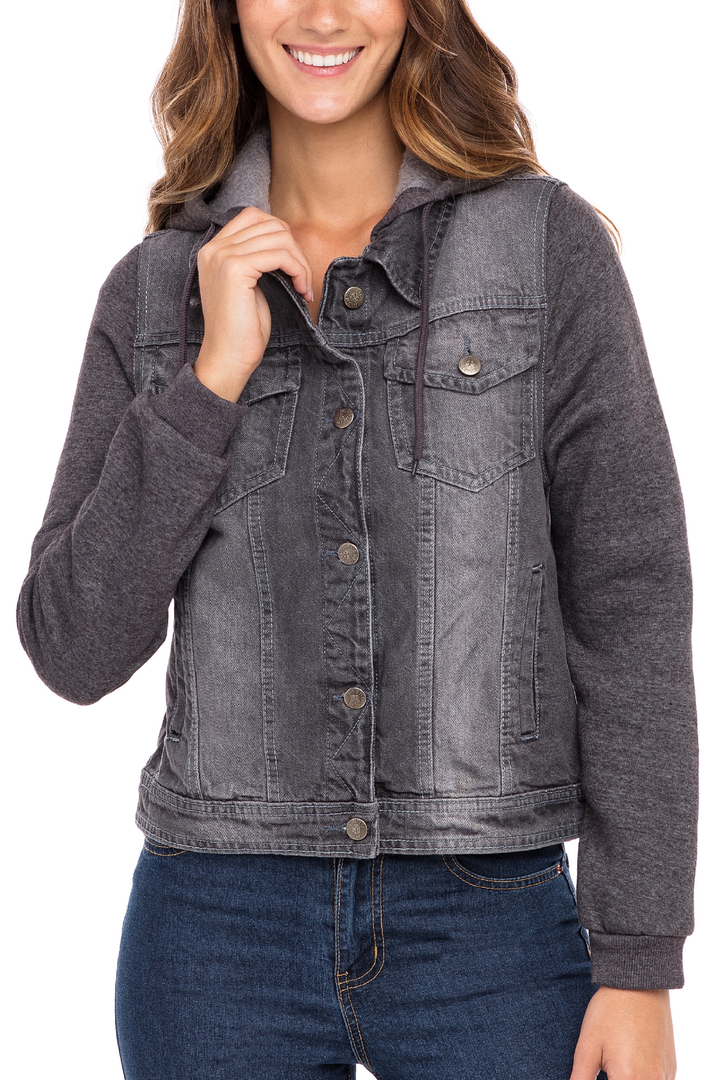 SKYLINEWEARS Women's Hooded Denim Jacket Long Sleeve Layered Drawstring Hoodie Washed Jean Jacket Grey Small - image 2 of 6