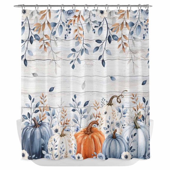 Fall Pumpkin Shower Curtain - Water Repellent Fabric Shower Curtains Washable, Thanksgiving Orange Blue Botanical Vintage Decorative Polyester Cloth Bathroom Curtains Modern Bath Decor 72"x72"