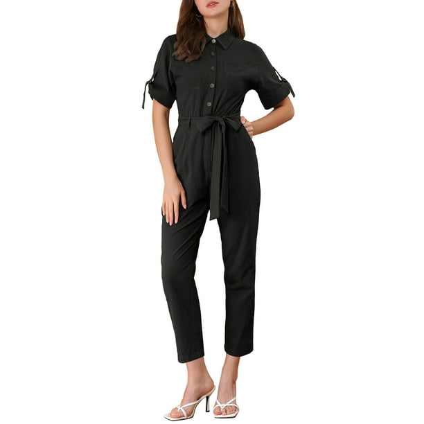 INSPIRAR CHIC Mono de Mujer de Manga Corta con Cuello, Botones, Cintura Ajustable, Mono de Algodón Cargo, Color Negro