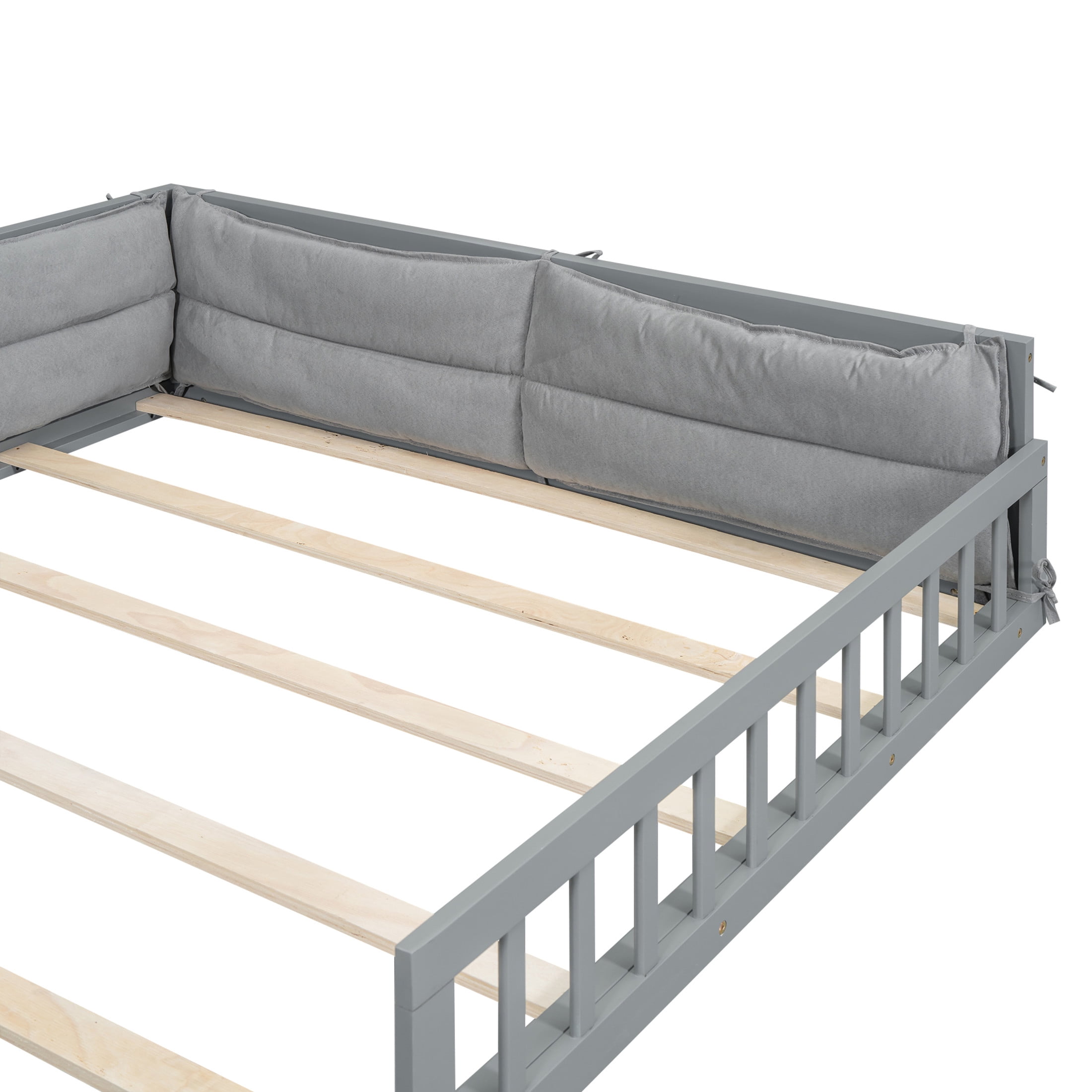 Noble House Myrrh Full Size Upholstered Platform Bed with Guardrails and Plush Pillows, Pine Wood Frame, Gray