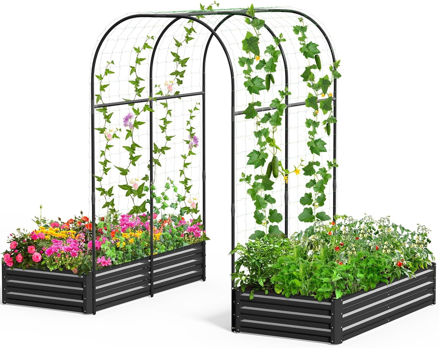 Slsy 3 in 1 Galvanized Raised Garden Bed with 85in Tall Arch Trellis for Climbing Vegetables Flowers Herbs, Metal Raised Garden Bed Kit with Trellis, Plant Ties, Climbing Supporting Netting