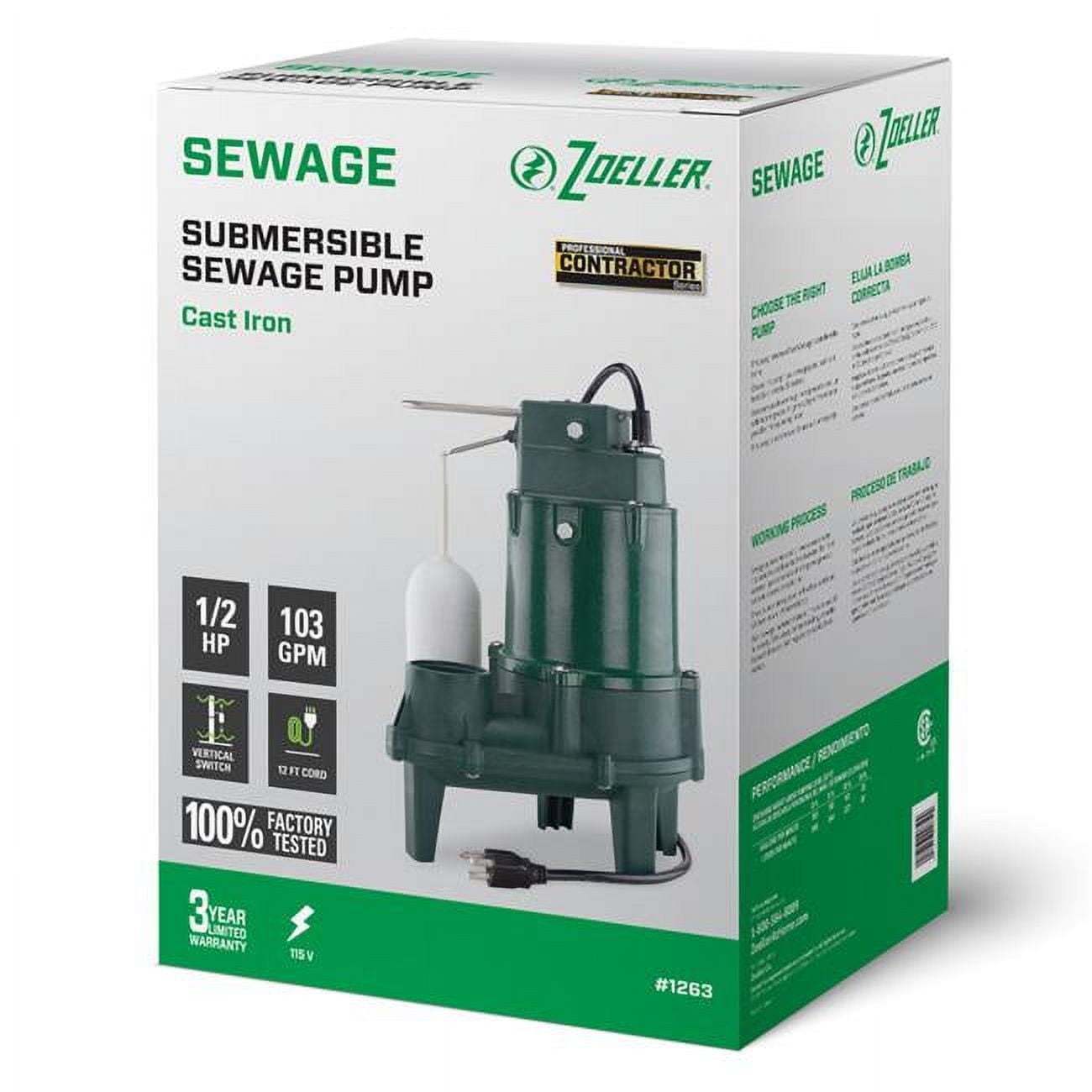 Zoeller 1/2 H.P. Pro 115V Cast Iron Sewage Ejector Pump 1263-0001