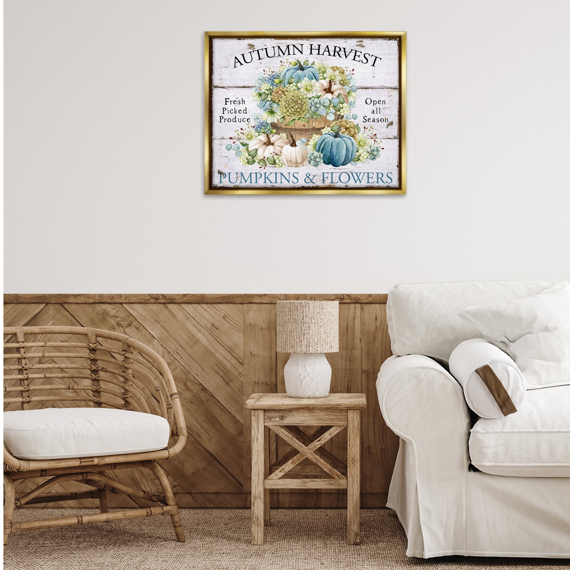 Stupell Industries Pumpkins & Flowers Harvest Holiday Painting Gold Floater Framed Canvas Art Prints Wall Art, 31 x 25