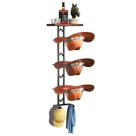 Cowboy Hat Rack for Wall, Hat Organizer for Baseball Caps, 3 Pieces Western Hats Hangers Holder with 2 Hooks, ATSKIM Rustic Wood Display Stand with Storage for Fedora,Sun Hats