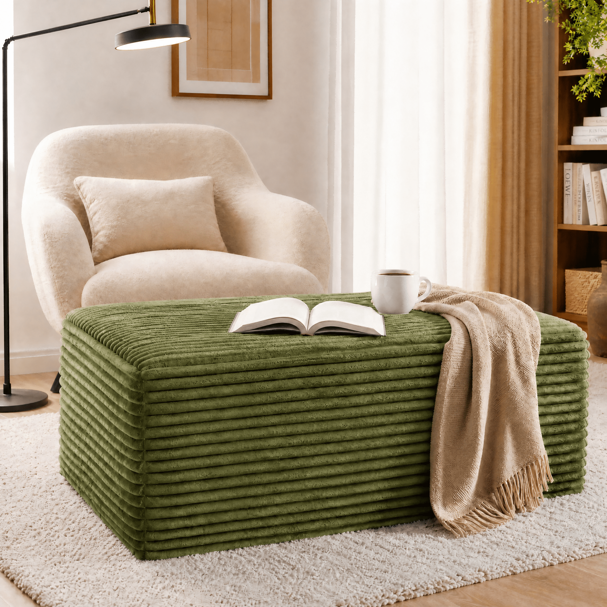 Large Oversized Corduroy Ottoman Footrest for Sofa, Bench for Sectional Sofa, Extra Seating & Coffee Table, Rectangle Pouf for Living Room,No Assembly Required(Sage Green)