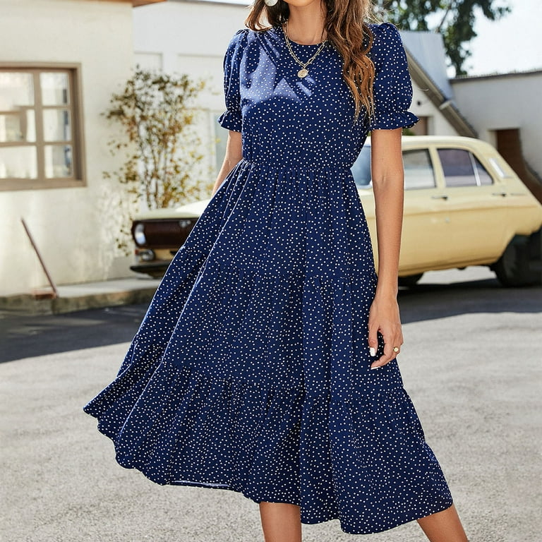 Finelylove Polka Dot Dresses Fitted Dress A line Short Short Sleeve Polka Dot Navy S Walmart