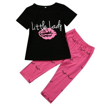 

One opening 2 Pcs Kids Casual Suits Lips Printed T-shirt Long Pant Outfits