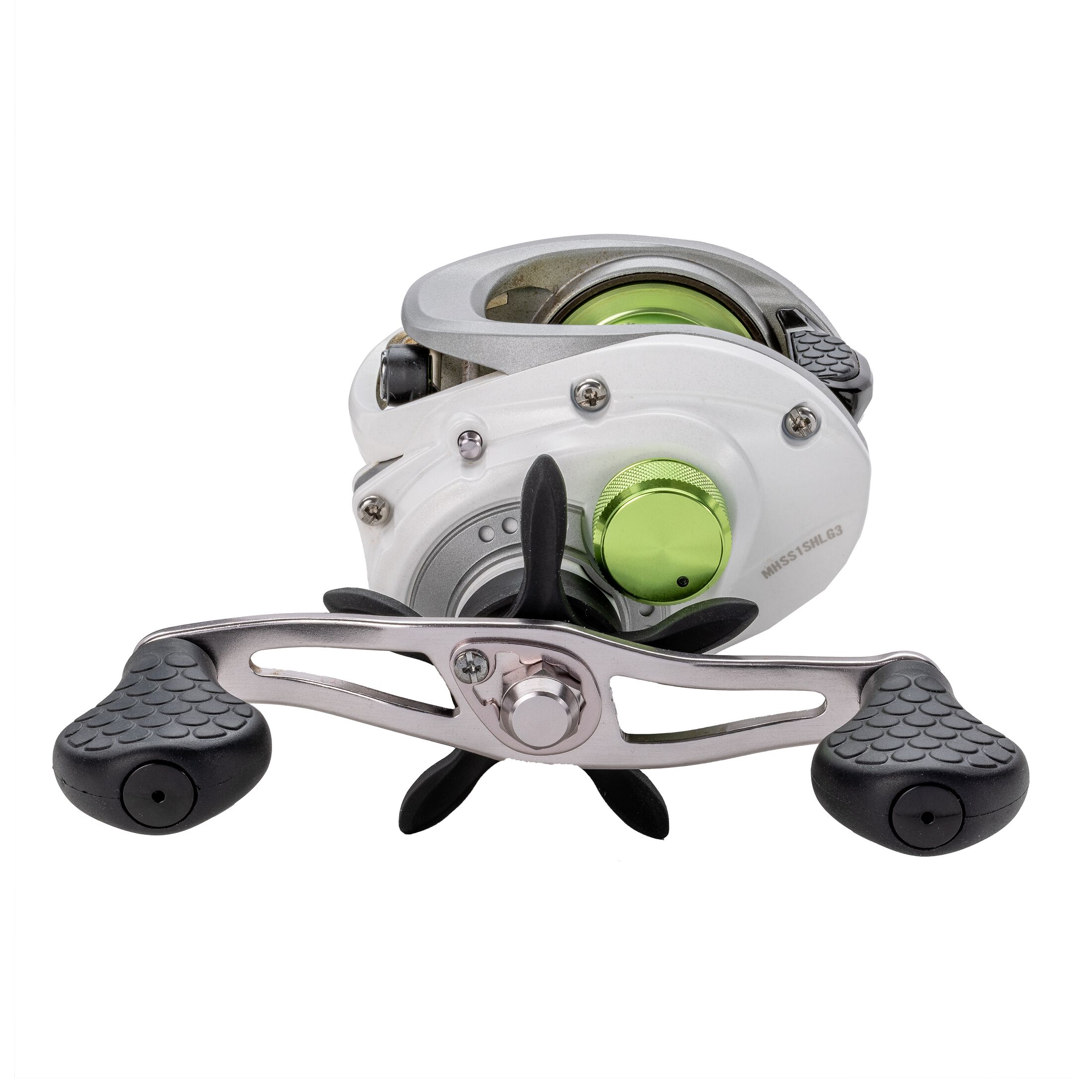Lew’s MACH 1 SS Baitcast Fishing Reel, 7+1 Bearings, 7.5:1 Gear Ratio, Graphite Frame and Sideplate, Shallow Spool, Multi-Setting Brake, Combat Grips, Left-Hand Retrieve, White/Gray/Green