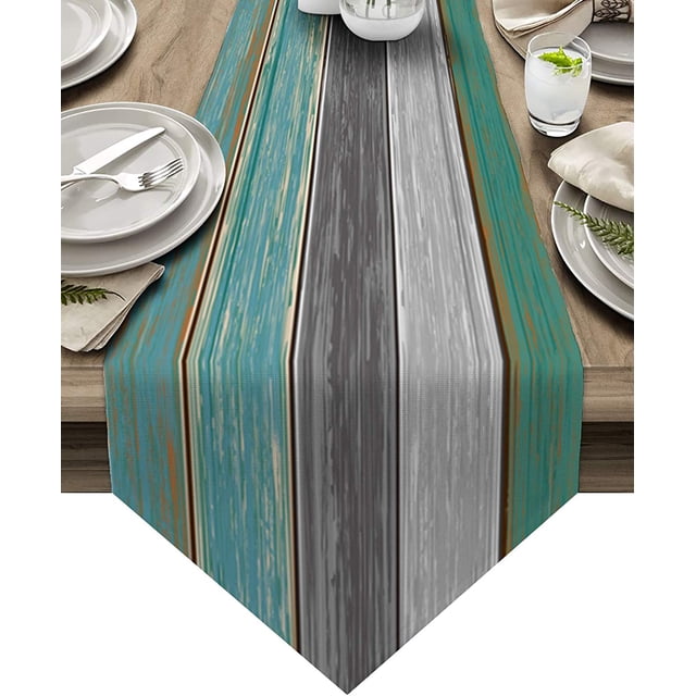 GFDYREE Burlap Linen Rustic Table Runners 36 Inches Long, Vintage Farm Wood Grain Green and Gray Table Runner Farmhouse Style for Coffee Table, Holiday Parties, Wedding, Events Dinner, Home