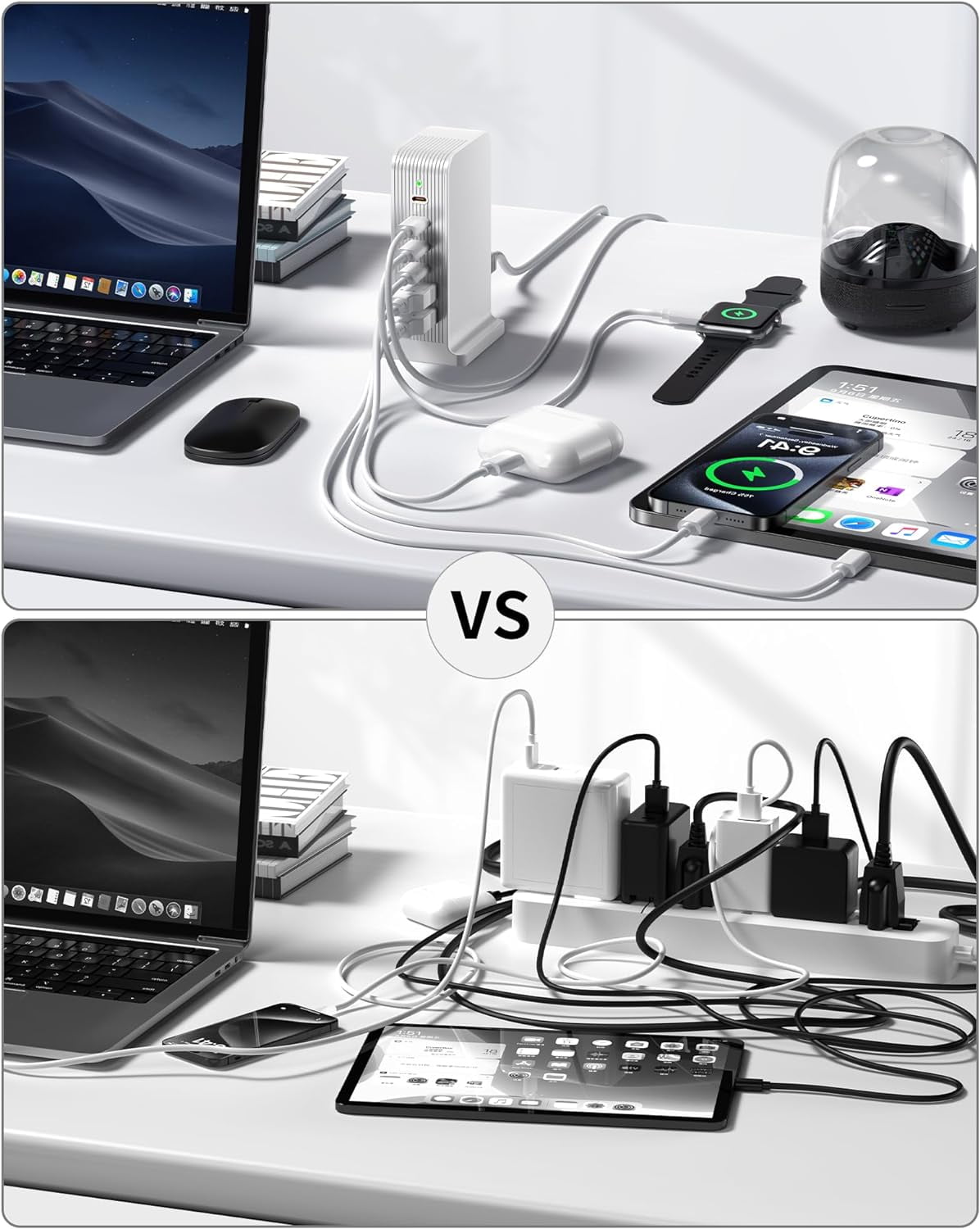 VHBW USB C Charger 6 Port Block,55W USB Tower Charging Station for iPhone 15/14/13/12, iPad, Google Pixel and Multiple Devices