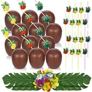 24 Pcs Plastic Coconut Cup for Hawaiian Luau Party 24 Coconut Honeycomb Straws 24 Turtle Leaves 24 Hibiscus Flower Plastic Hawaii Cups with Straws for Summer Theme Birthday Party Favors