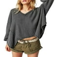 thumbnail image 1 of Women Long Sleeve T-Shirts Solid Color Dropped Shoulders V-Neck Waffle Shirts Spring Fall Loose Fit Tops Streetwear, 1 of 4