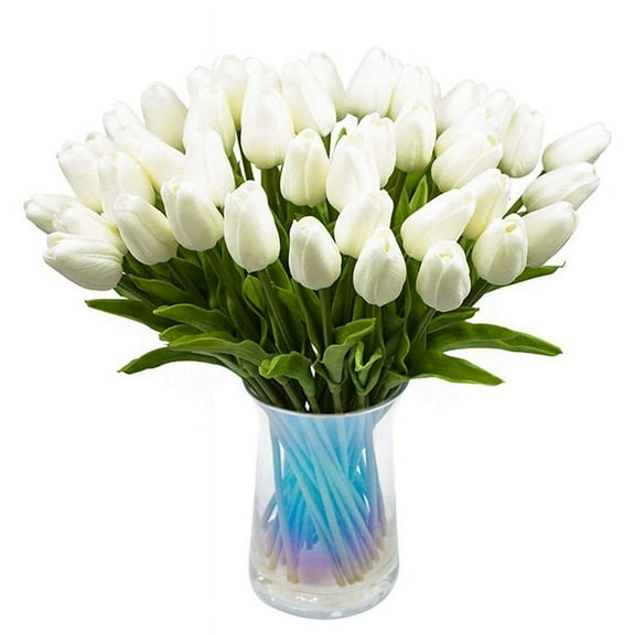 30Pcs Artificial Tulips Flowers Real Touch Tulips PU Bouquet Latex Flower White (White)