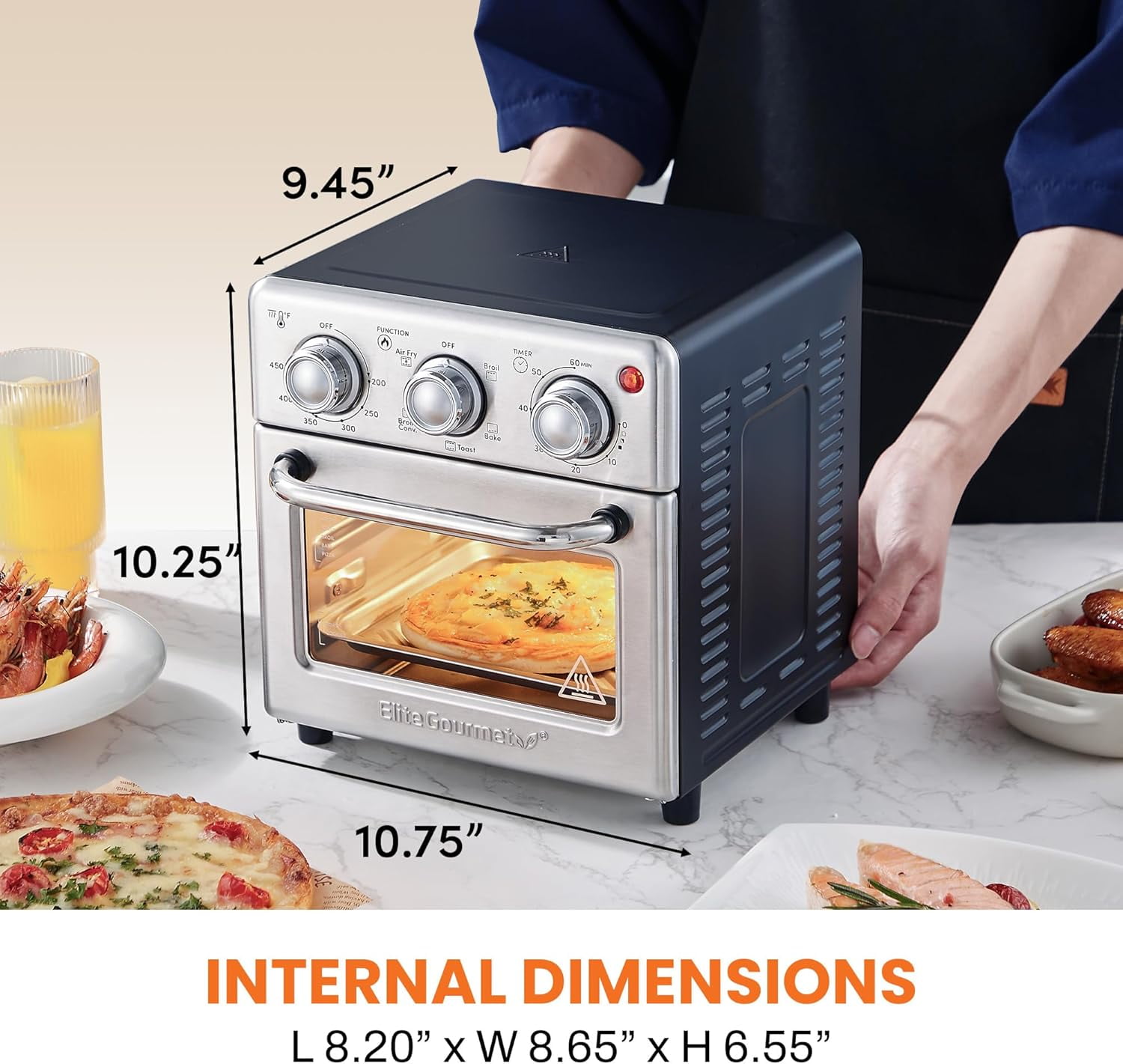 Elite Gourmet EAF0852SS 8.5Qt. Capacity Air Fryer Oven, Air Fry, Broil, Toast, Bake & Broil with Convection, Time and Temperature Controls, 800-Watts, Includes 25 Delicious Recipes, Stainless Steel