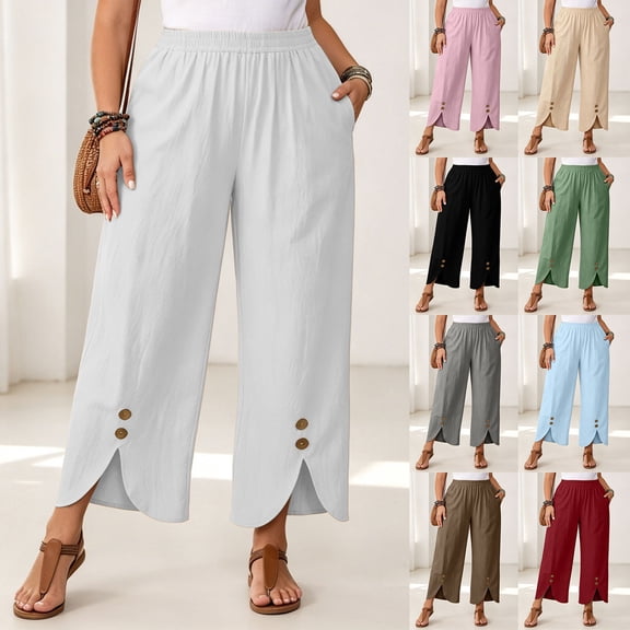 Thousandth Women's Cotton Linen Pants Casual Summer Elastic Waist Wide Leg Loose Fit Palazzo Pants Cropped Trousers with Button Decor and Slit Hem Daily Wear