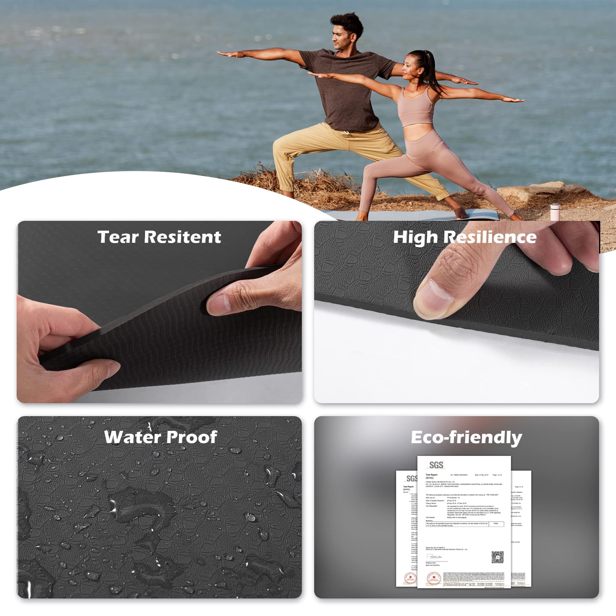 Yoga Mat Black 72"x24" Non-Slip Pilates Fitness Exercise Mat
