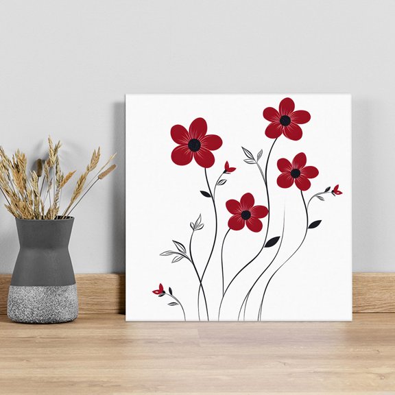 Red Spring Floral Wall Art Painting on Canvas, Elegant Summer Botanical Pastoral Canvas Art Home Prints Wall Art Framed Modern Artwork for Living Room Bedroom Wall Decor 8x8in