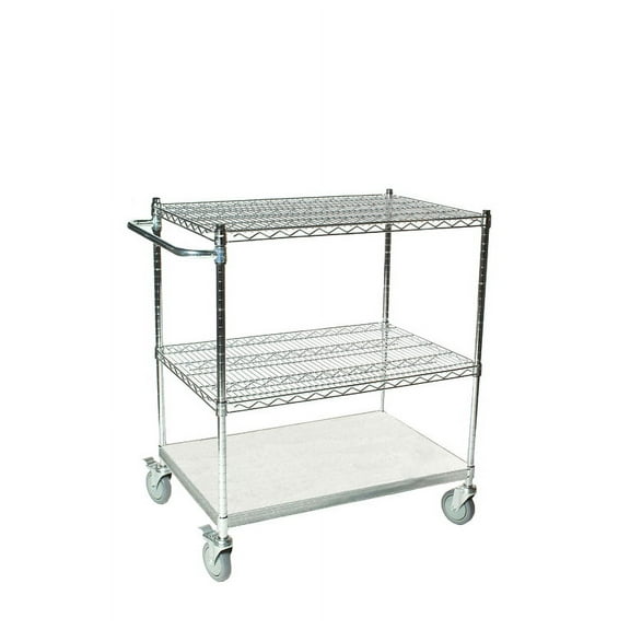 18" Deep x 54" Wide x 39" High 3 Tier Chrome Shelf Cart with 2 Wire Shelf & 1 Solid Shelf