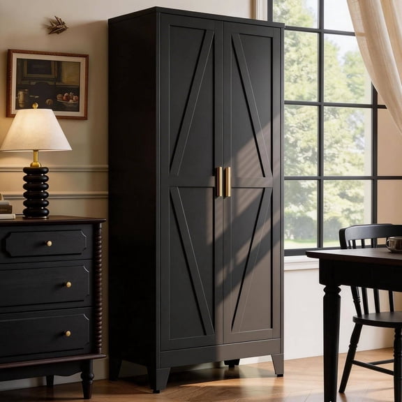 71" H Black Metal Storage Cabinet with 4 Doors and 4 Adjustable Shelves