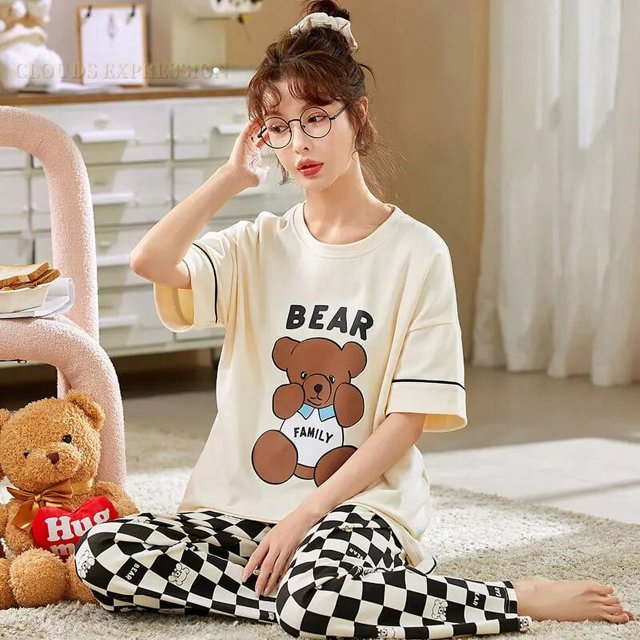 Conjunto de Pijama grande de manga corta para Mujer, ropa de dormir de punto con puntos de oso de dibujos animados, de algodón, elegante, 5XL
