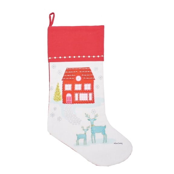 20" Red House & Deer Printed Hanging Large Christmas Stocking