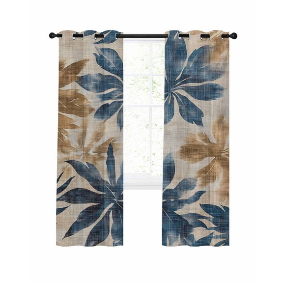 Navy Blue Brown Blackout Curtains 72 Inches Long for Bedroom, Tropical Botanical Palm Leaves Vintage Thermal Insulated Room Darkening Black Out Window Curtain Panels Grommet Drapes for Living Room