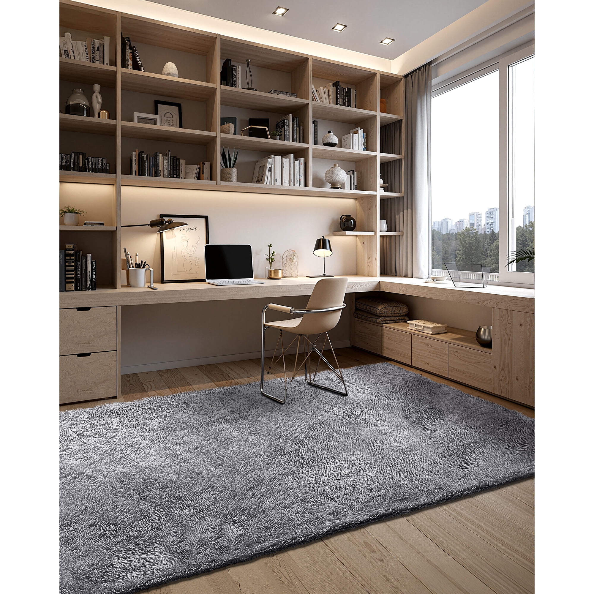 KFFKFF Indoor Plush Area Rugs, 8 x 10 ft Soft Shag Carpet, Furry Area Rugs for Living Room, Bedroom, Sunroom, Modern Home Decor, Non-Shedding, Non-Woven, Slip-Resistant, Smoke Gray