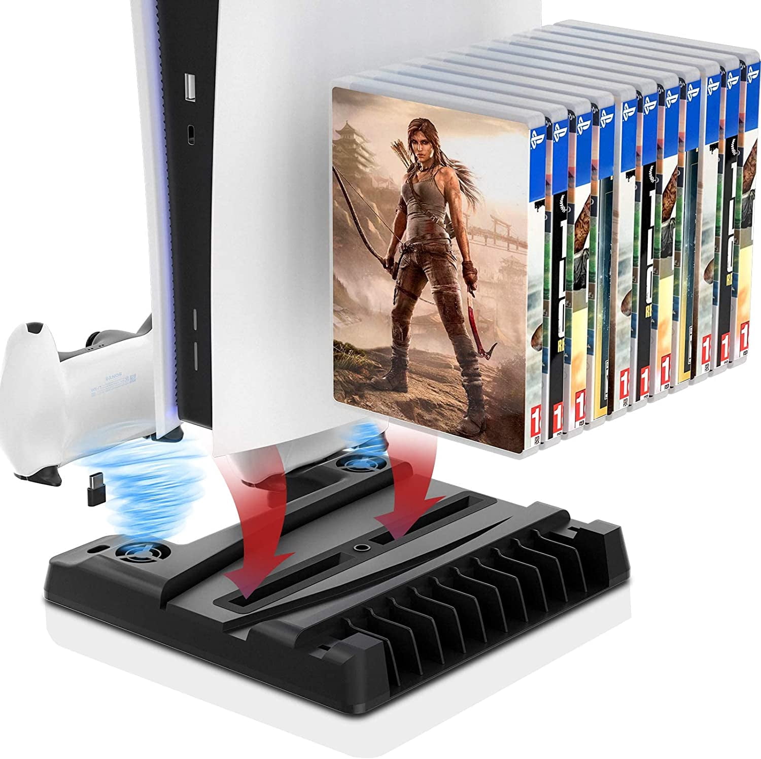 PS5 Charger Station, PS5 Cooling Fan Stand, PS5 Charger Stand with Controller Charger, PS5 Vertical Stand with Cooling Fan and LED Indicator, 3 Levels Adjustable Fans Speed, 12 Game Rack Organizer